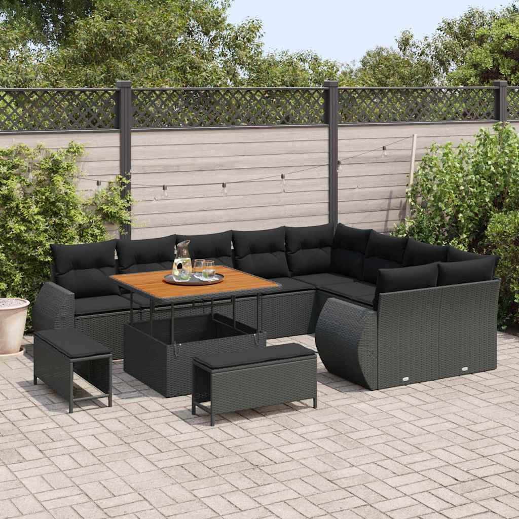 12 dalių sodo sofa rinkinys su pagalvėlėmis Juodas Poli ratanas Akacija - Namų Idėja