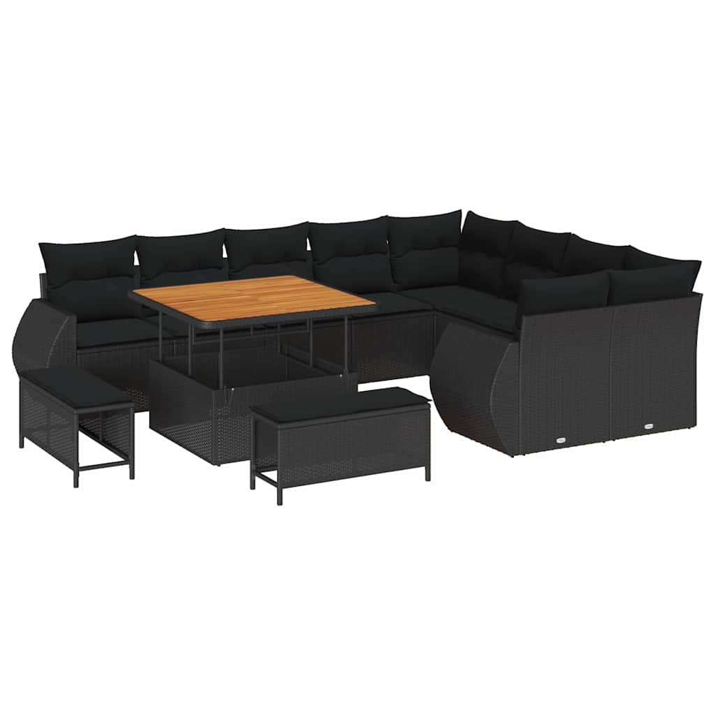 12 dalių sodo sofa rinkinys su pagalvėlėmis Juodas Poli ratanas Akacija - Namų Idėja