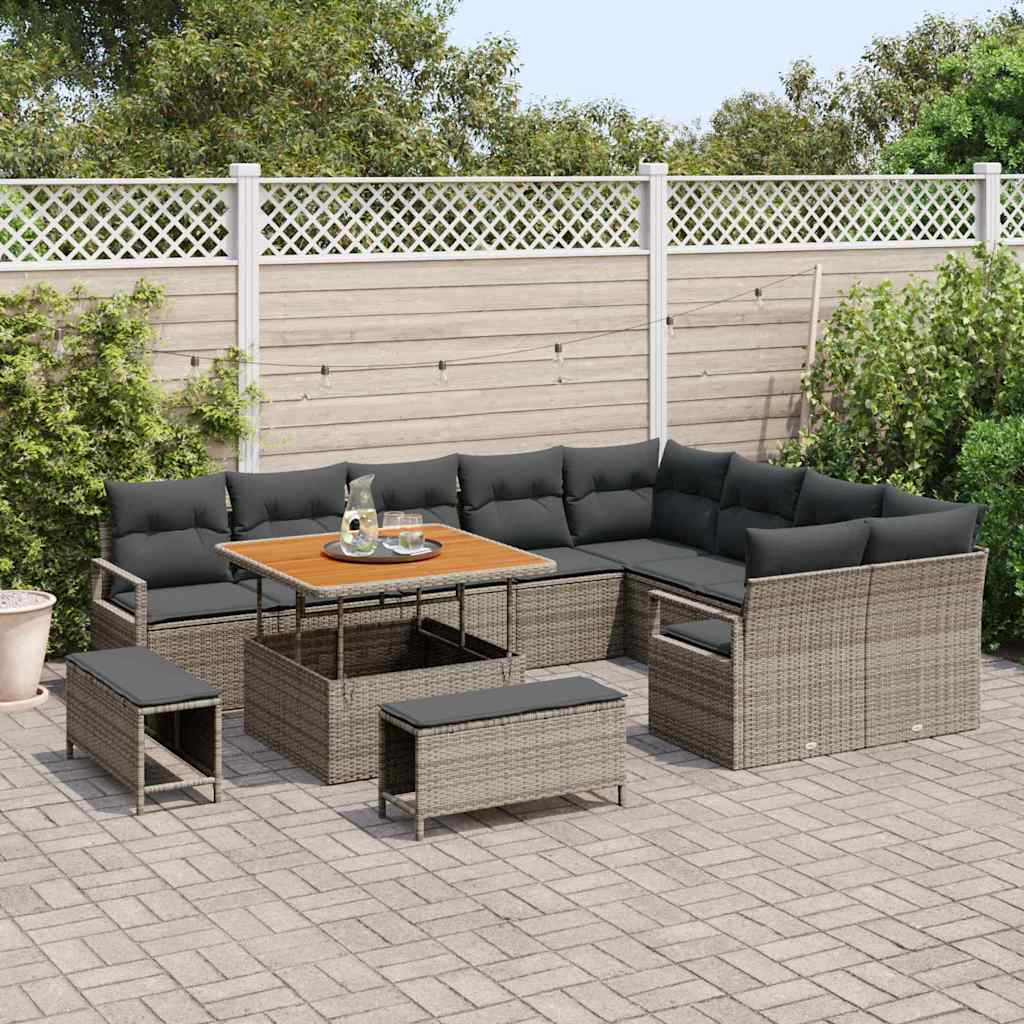 12 Dalių Sodo Sofa Rinkinys su Pagalvėlėmis Pilka Poli Ratanas Akacija - Namų Idėja