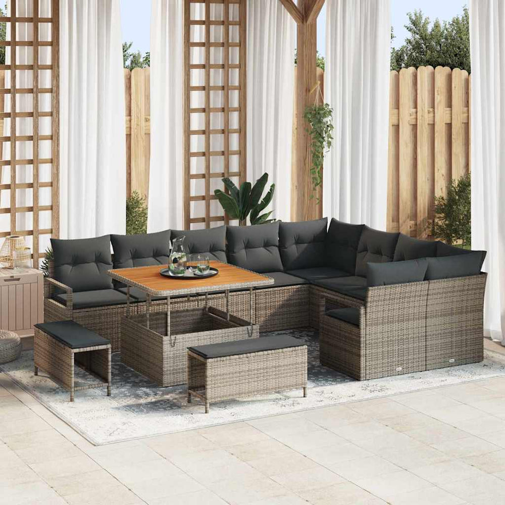 12 Dalių Sodo Sofa Rinkinys su Pagalvėlėmis Pilka Poli Ratanas Akacija - Namų Idėja