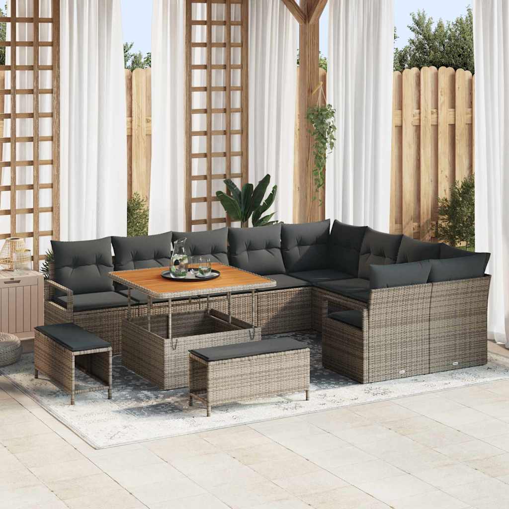12 Dalių Sodo Sofa Rinkinys su Pagalvėlėmis Pilka Poli Ratanas Akacija - Namų Idėja