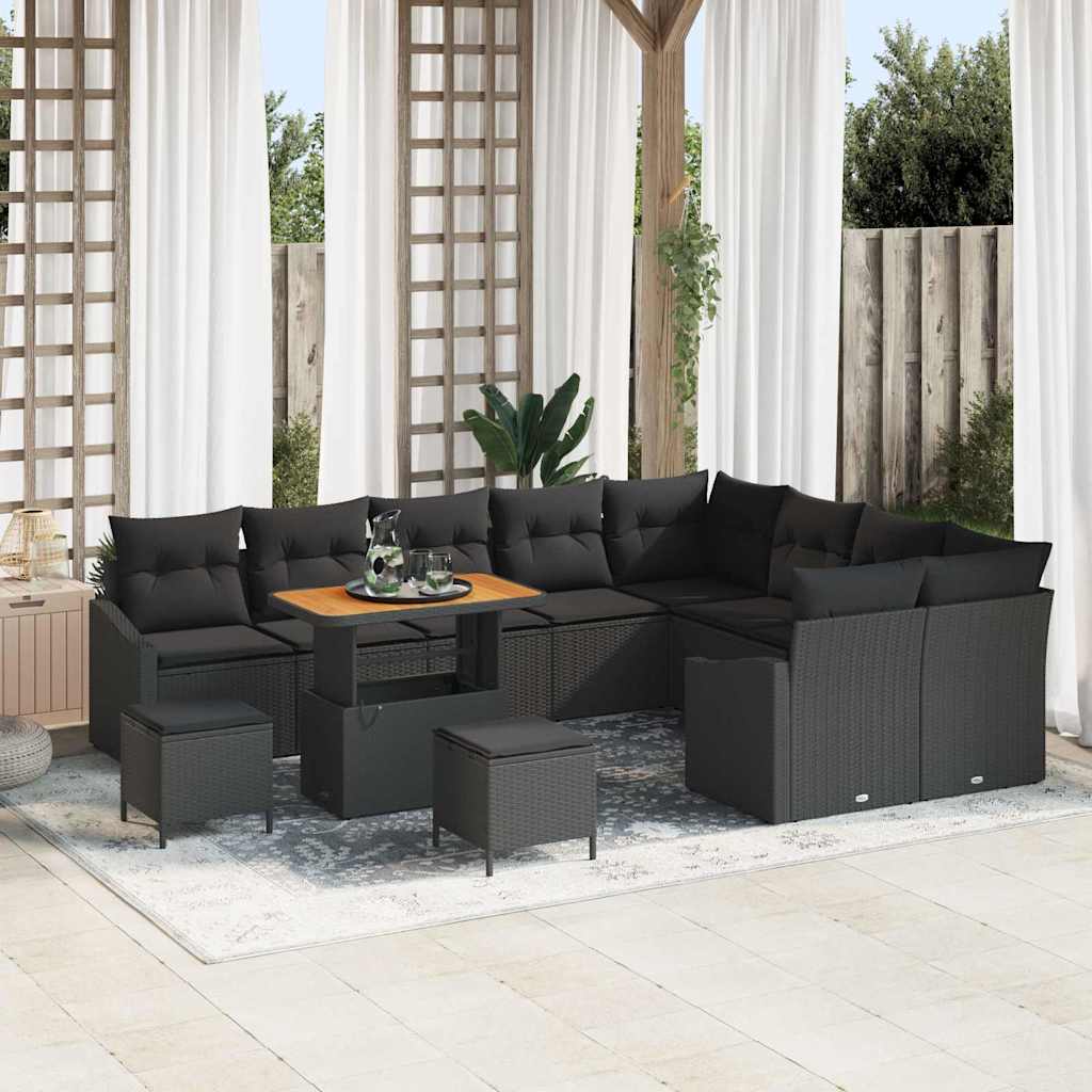 12 dalių Sodo Sofa Rinkinys su Pagalvėmis Juodas Poli Ratanas Akacija - Namų Idėja