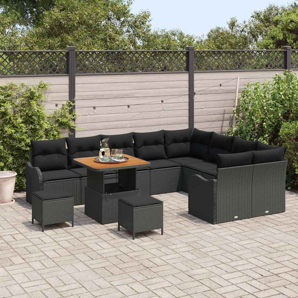 12 Dalių Sodo Sofa Rinkinys su Pagalvėmis Juodas Poli Ratanas Akacija - Namų Idėja