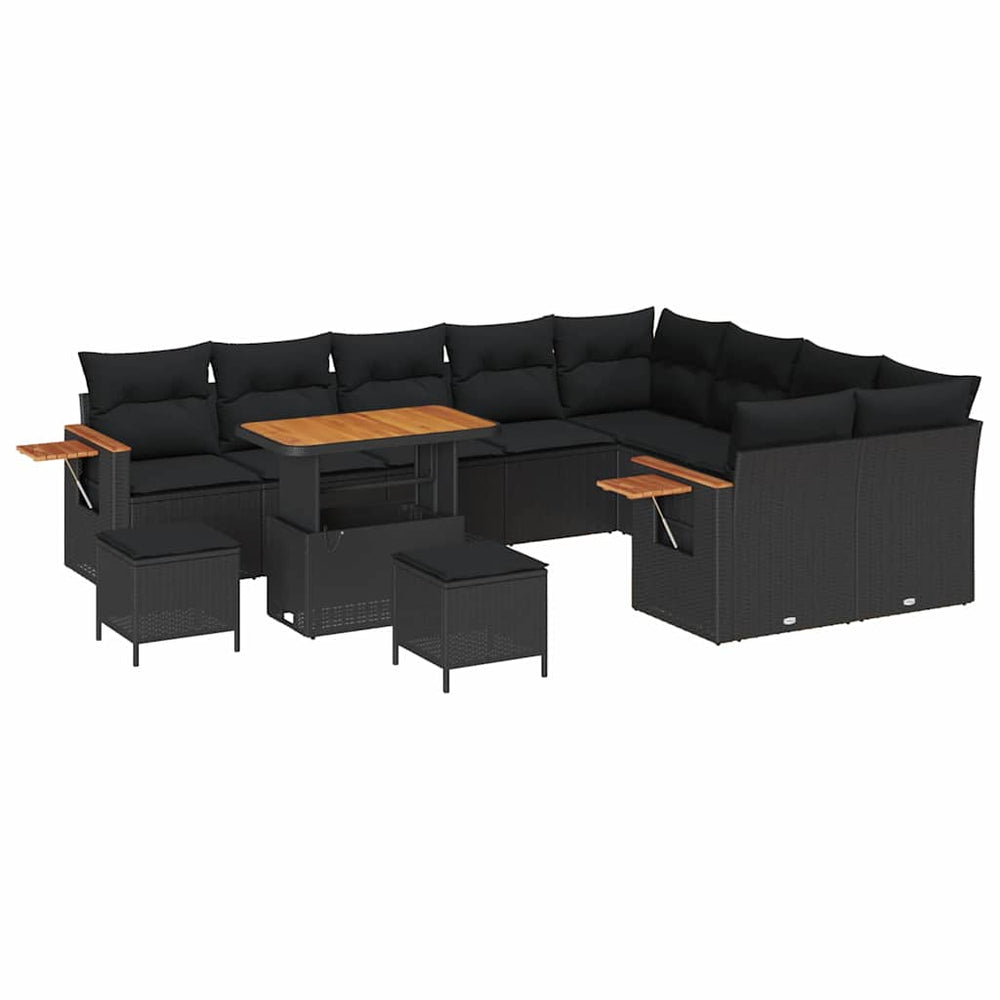 12 dalių Sodo Sofa Rinkinys su Pagalvėmis Juodas Poliratanas Akacija - Namų Idėja