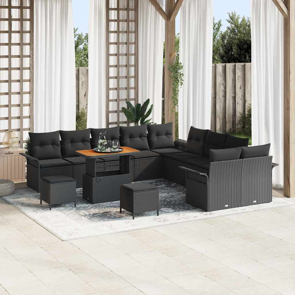 13 dalių sodo sofa komplektas su pagalvėlėmis Juodas Poli Ratanas Akacija - Namų Idėja