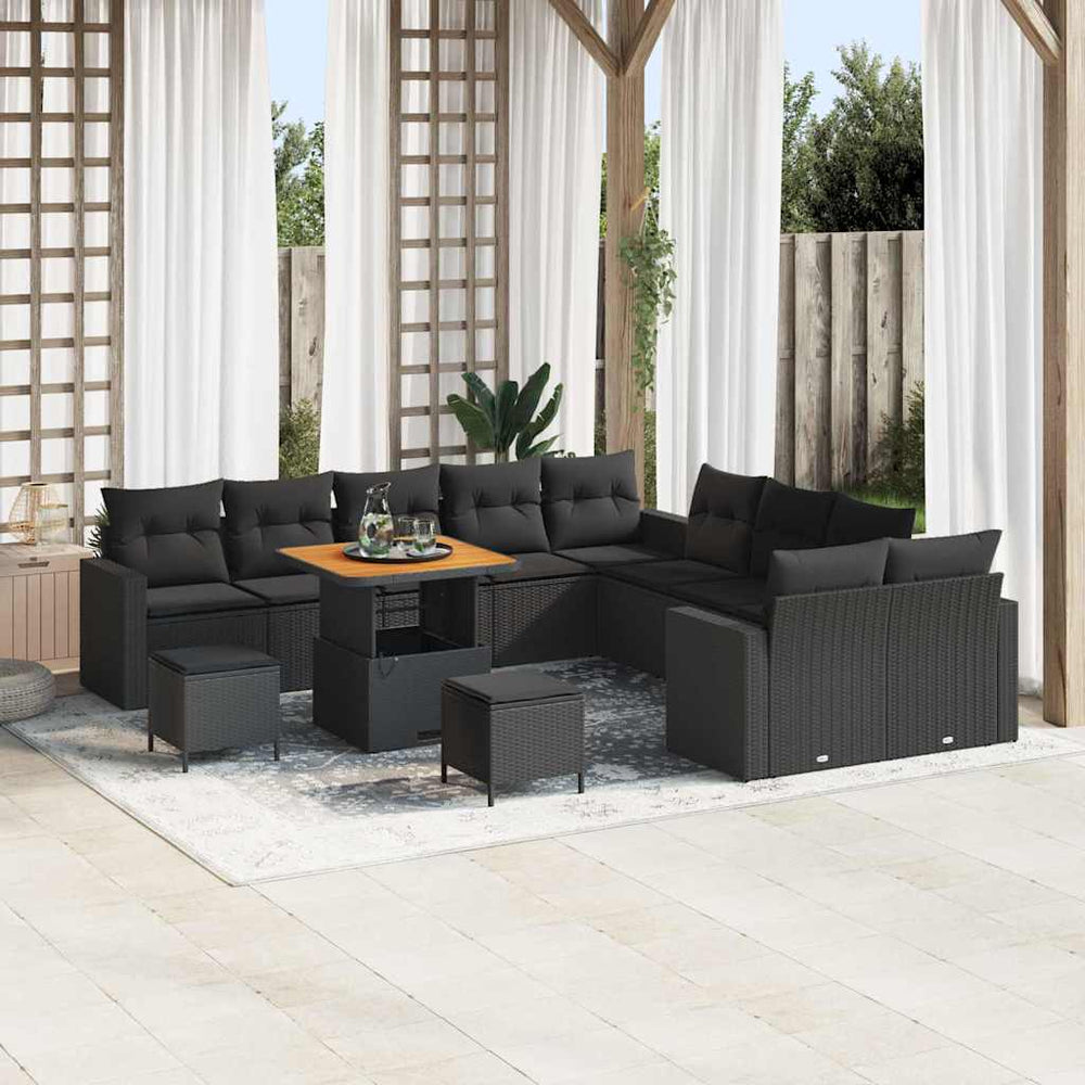 13 Dalių Sodo Sofa Komplektas su Pagalvėlėmis Juodas Poli ratanas Akacija - Namų Idėja