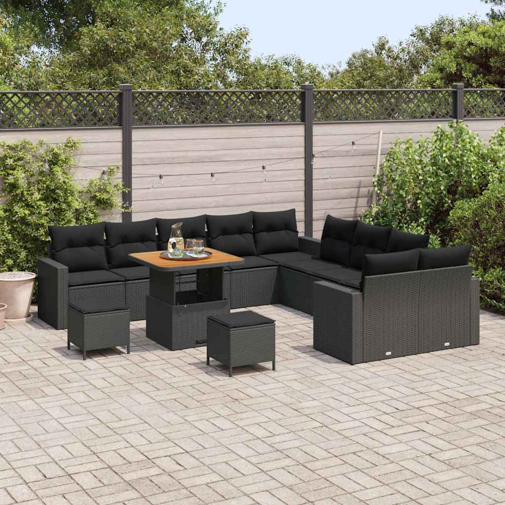13 Dalių Sodo Sofa Komplektas su Pagalvėlėmis Juodas Poli ratanas Akacija - Namų Idėja