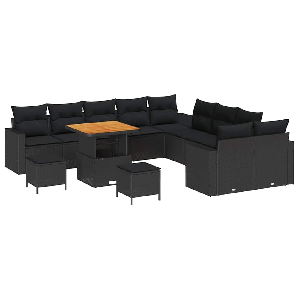 13 Dalių Sodo Sofa Komplektas su Pagalvėlėmis Juodas Poli ratanas Akacija - Namų Idėja