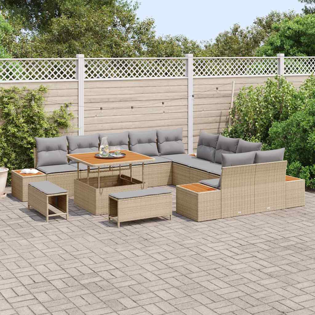 13 Dalių Sodo Sofa Komplektas su Pagalvėlėmis Smėlio Poliratanas Akacija - Namų Idėja