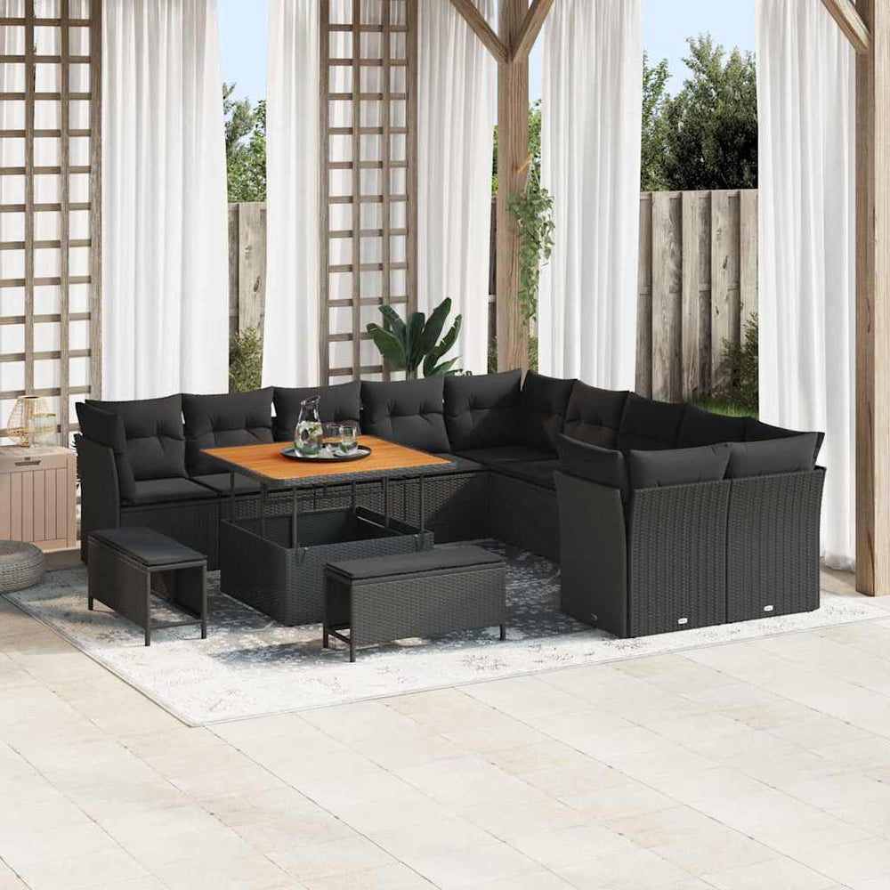 13 dalių sodo sofa komplektas su pagalvėmis Juodas poli ratanas akacija - Namų Idėja