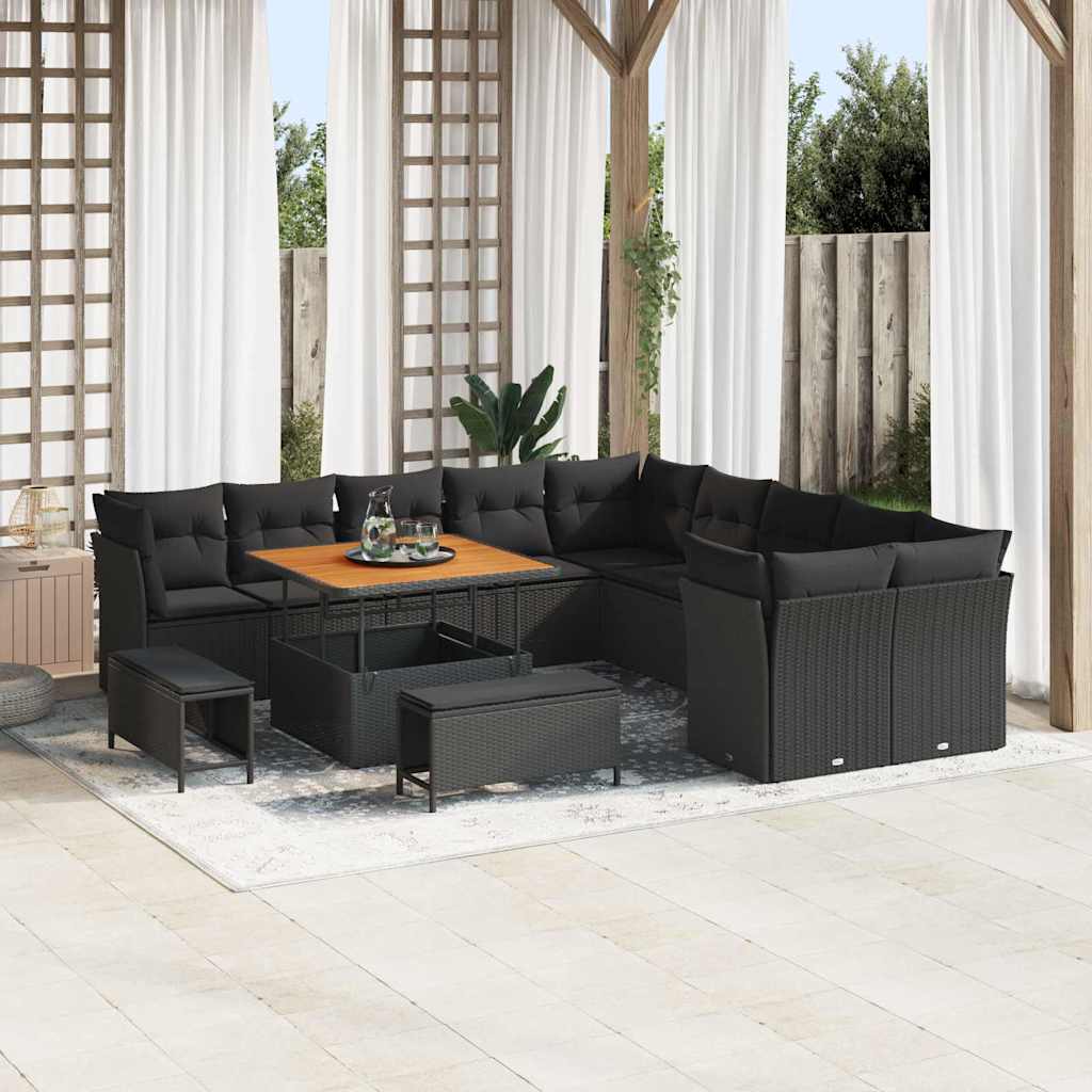 13 dalių sodo sofa komplektas su pagalvėmis Juodas poli ratanas akacija - Namų Idėja