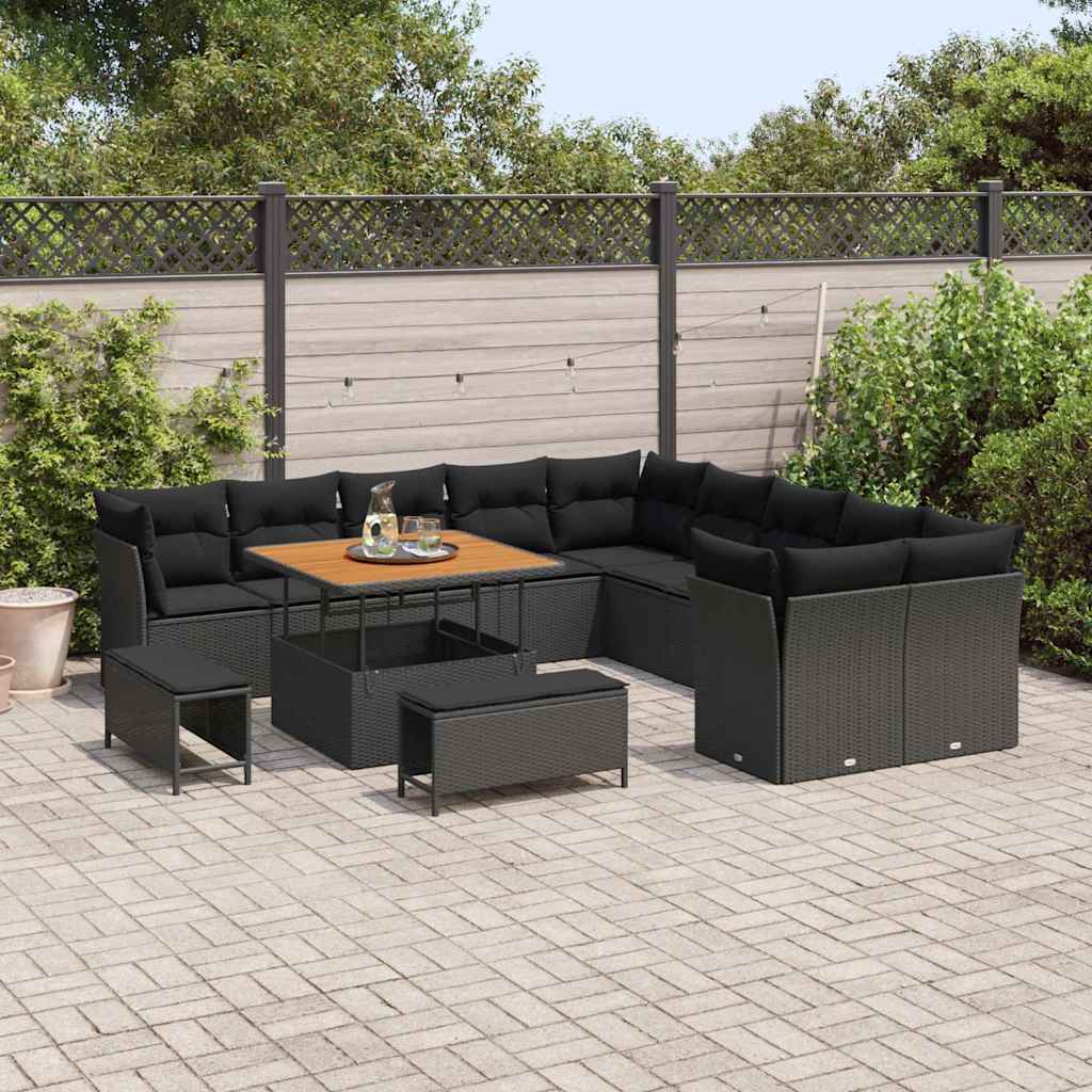 13 dalių sodo sofa komplektas su pagalvėmis Juodas poli ratanas akacija - Namų Idėja