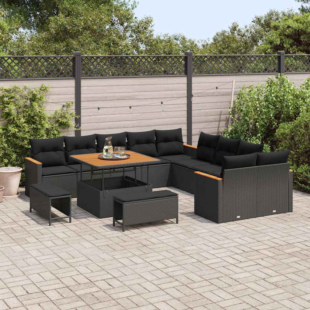 13 dalių sodo sofa rinkinys su pagalvėlėmis Juodas Poli Ratanas Akacija - Namų Idėja