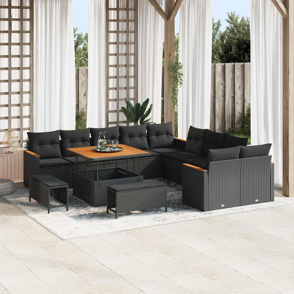 13 dalių sodo sofa rinkinys su pagalvėlėmis Juodas Poli Ratanas Akacija - Namų Idėja