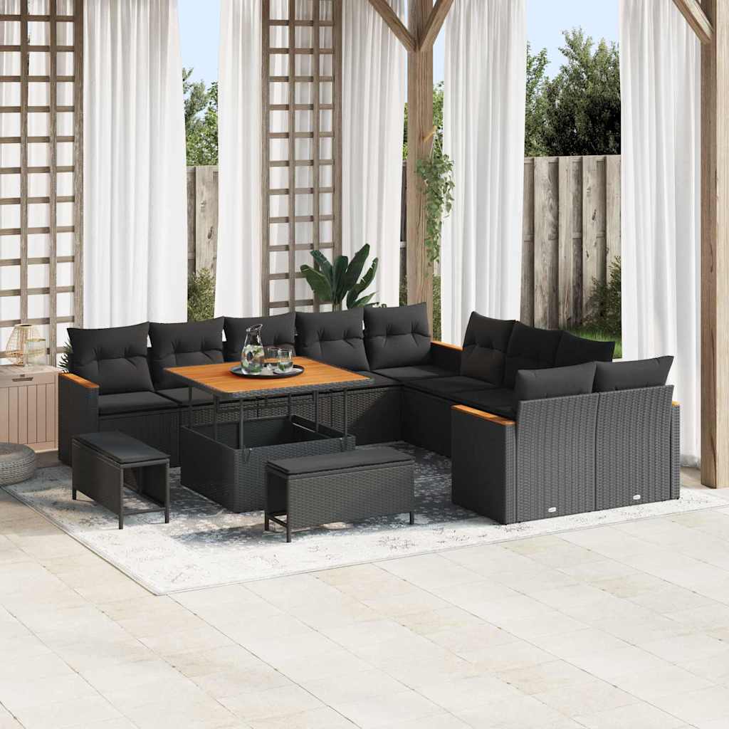 13 dalių sodo sofa rinkinys su pagalvėlėmis Juodas Poli Ratanas Akacija - Namų Idėja