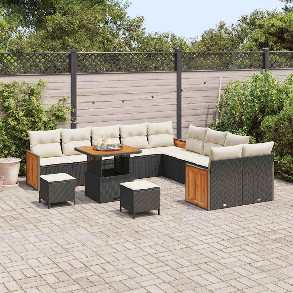 13 dalių sodo sofa rinkinys su pagalvėlėmis Juodas Poli Ratanas Akacija - Namų Idėja