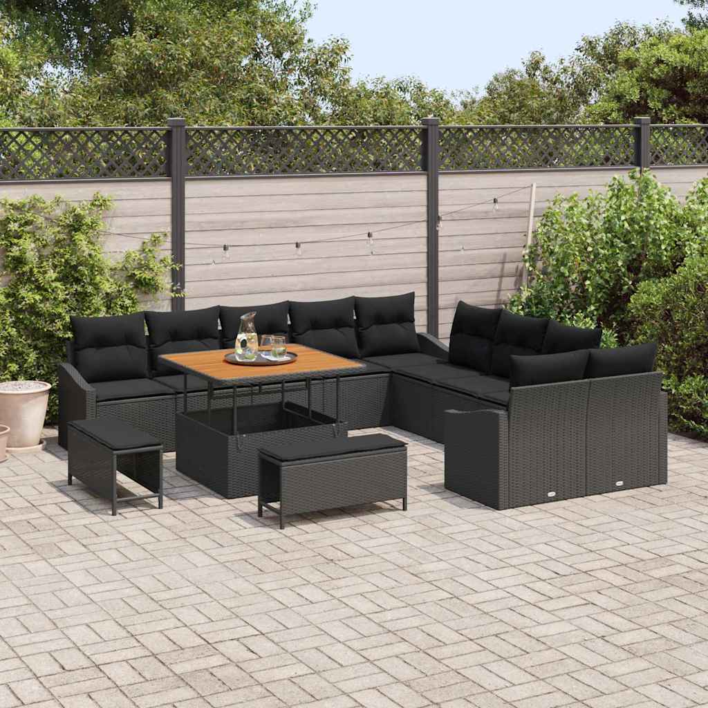 13 dalių sodo sofa rinkinys su pagalvėlėmis Juodas poliratanas Akacijos mediena - Namų Idėja