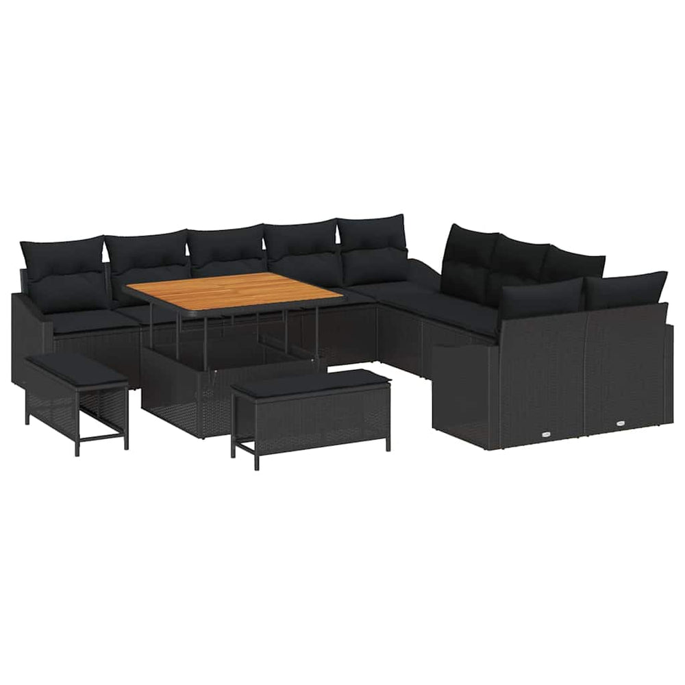 13 dalių sodo sofa rinkinys su pagalvėlėmis Juodas poliratanas Akacijos mediena - Namų Idėja