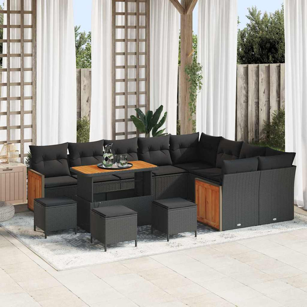 13 dalių sodo sofa rinkinys su pagalvėmis Juoda Poli ratanas Akacija - Namų Idėja