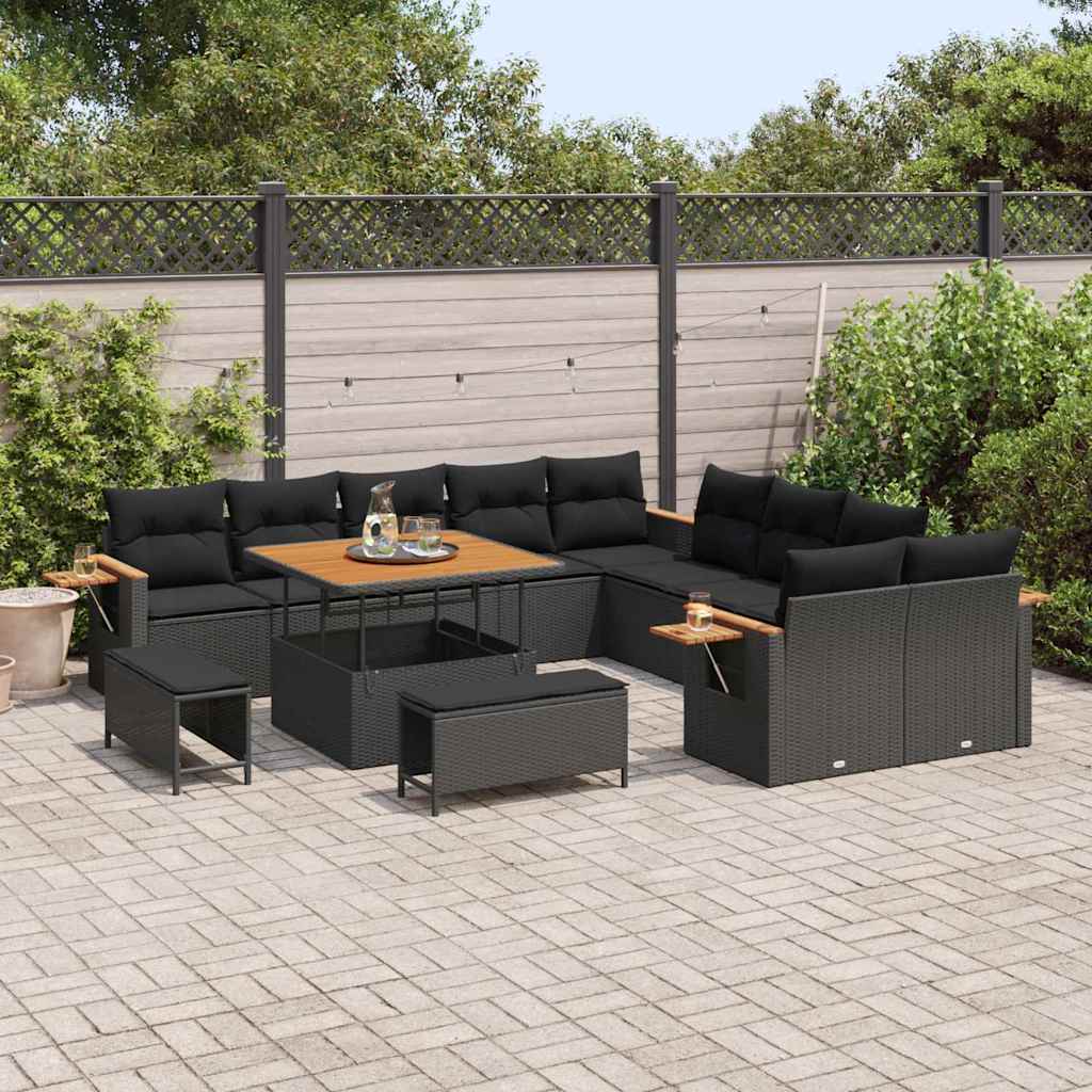 13 dalių sodo sofa rinkinys su pagalvėmis Juoda Poliratanas Akacija - Namų Idėja