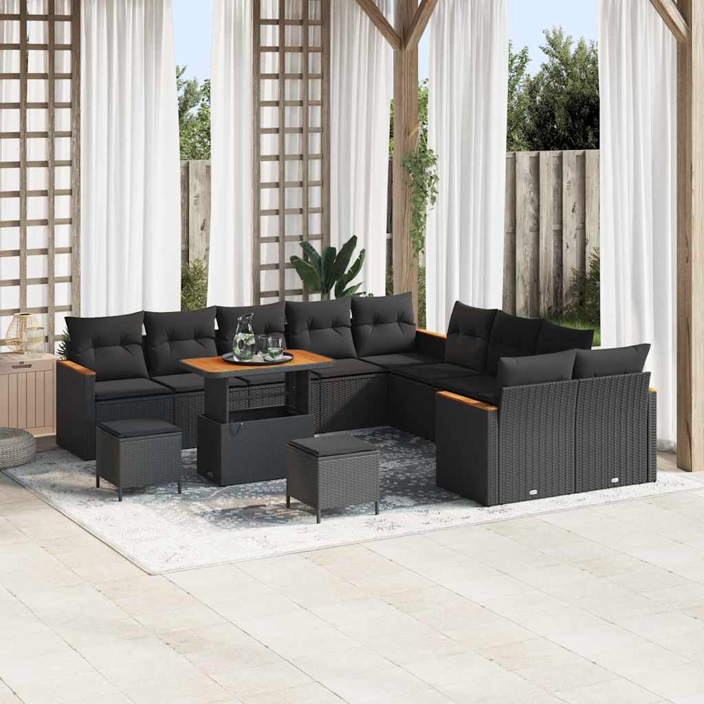 13 Dalių Sodo Sofa Rinkinys su Pagalvėmis Juodas Poli Ratanas Akacija - Namų Idėja