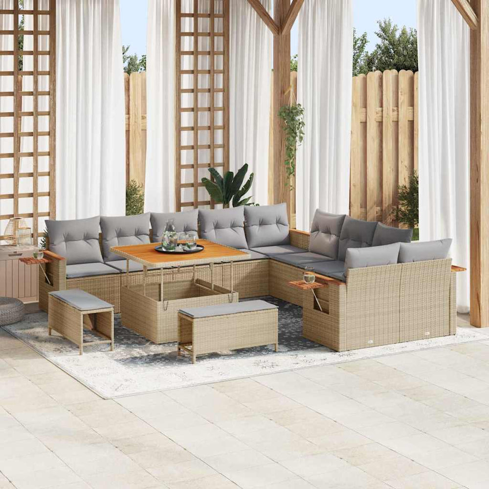 13 dalių Sodo Sofa Rinkinys su Uždangalais Smėlio Poli Ratanas Akacija - Namų Idėja