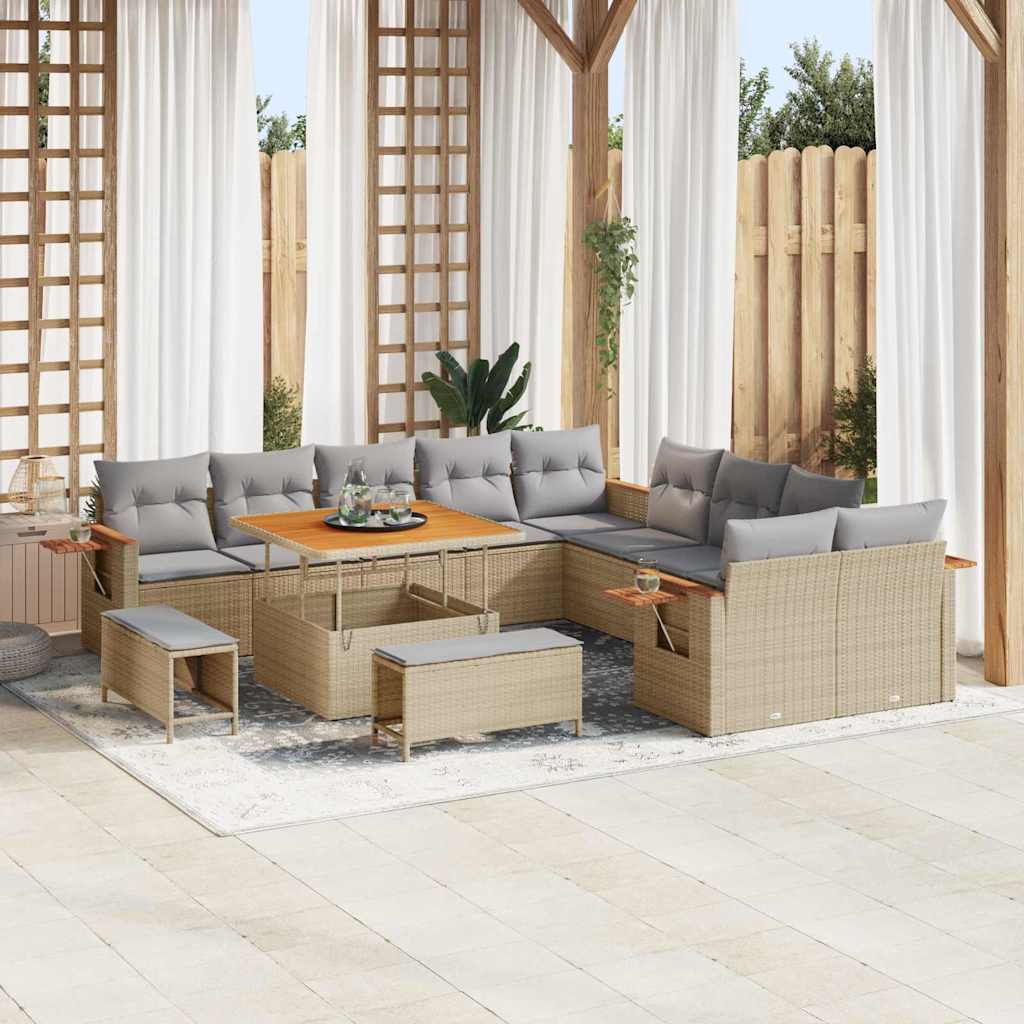 13 dalių Sodo Sofa Rinkinys su Uždangalais Smėlio Poli Ratanas Akacija - Namų Idėja