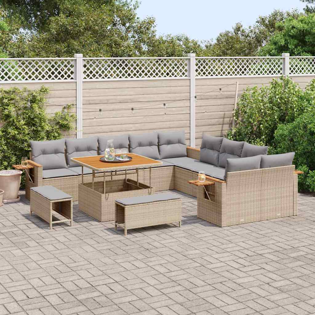 13 dalių Sodo Sofa Rinkinys su Uždangalais Smėlio Poli Ratanas Akacija - Namų Idėja