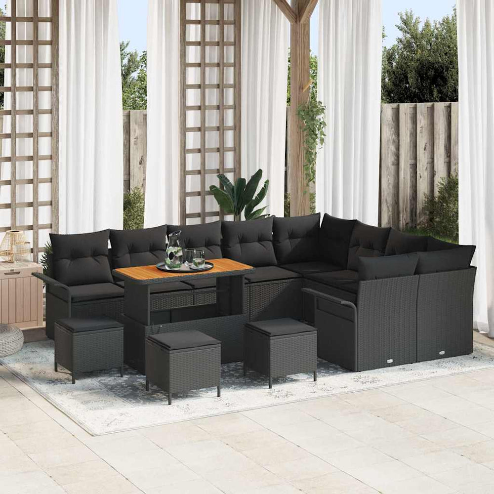 13 dalių sodų sofa komplektas su pagalvėlėmis Juoda Poli ratanas Akacija - Namų Idėja