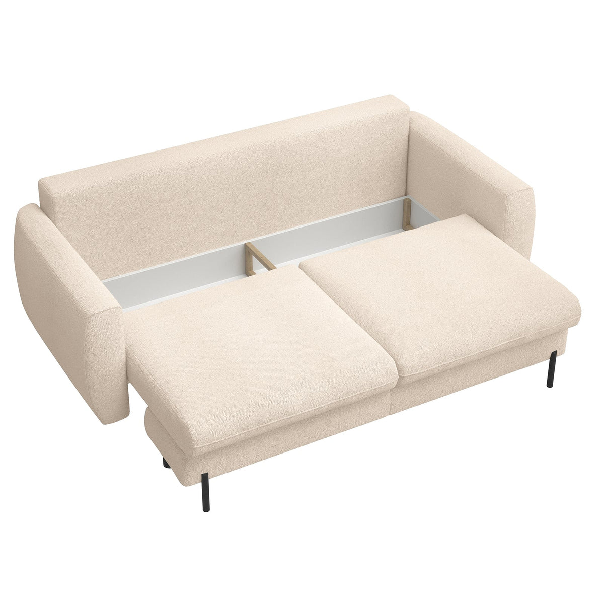 Sofa-lova SEANE, smėlinė bouclé šenilo – atidaryta patalynės dėžė