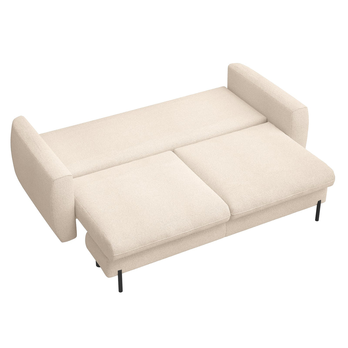 Sofa-lova SEANE, smėlinė bouclé šenilo – išskleista miego funkcija