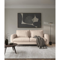 Sofa-lova SEANE, smėlinė bouclé šenilo su augalu šalia
