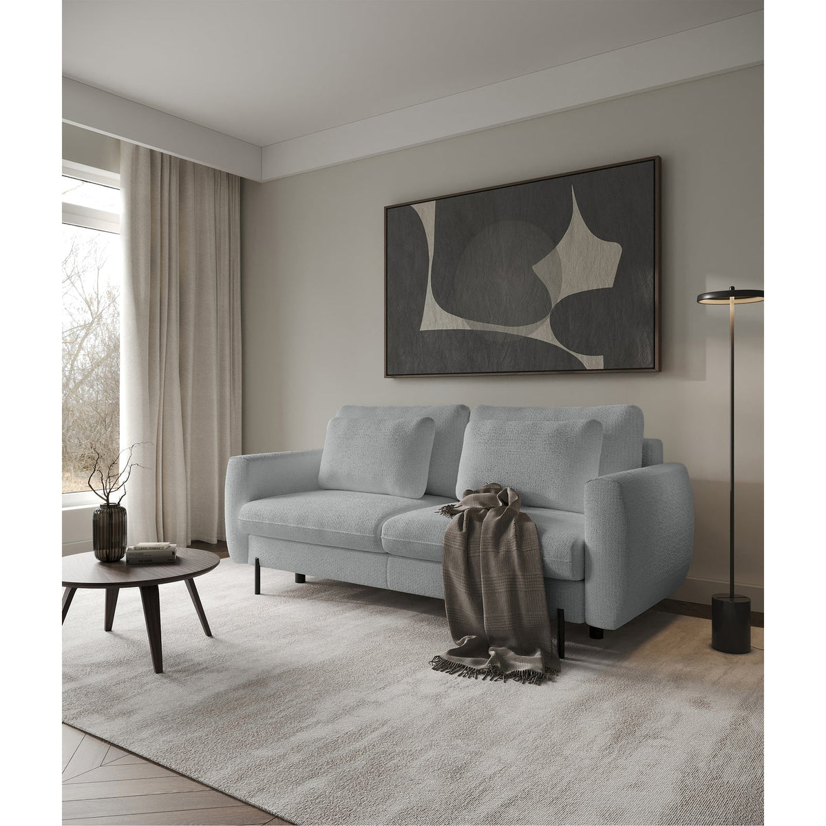 Sofa-lova SEANE, pilkas šenilas – audinio tekstūra iš arti