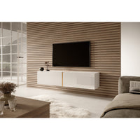 TV spintelė FREJA, 140 cm, marmuras+auksinė elegantiškoje aplinkoje