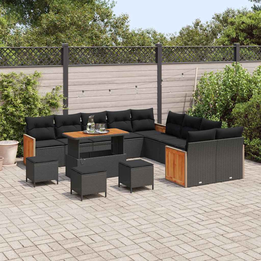 14 dalių sodo sofa komplektas su pagalvėmis Juoda Poli Ratanas Akacija - Namų Idėja