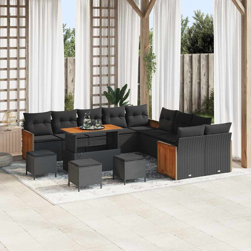 14 dalių sodo sofa komplektas su pagalvėmis Juoda Poli Ratanas Akacija - Namų Idėja