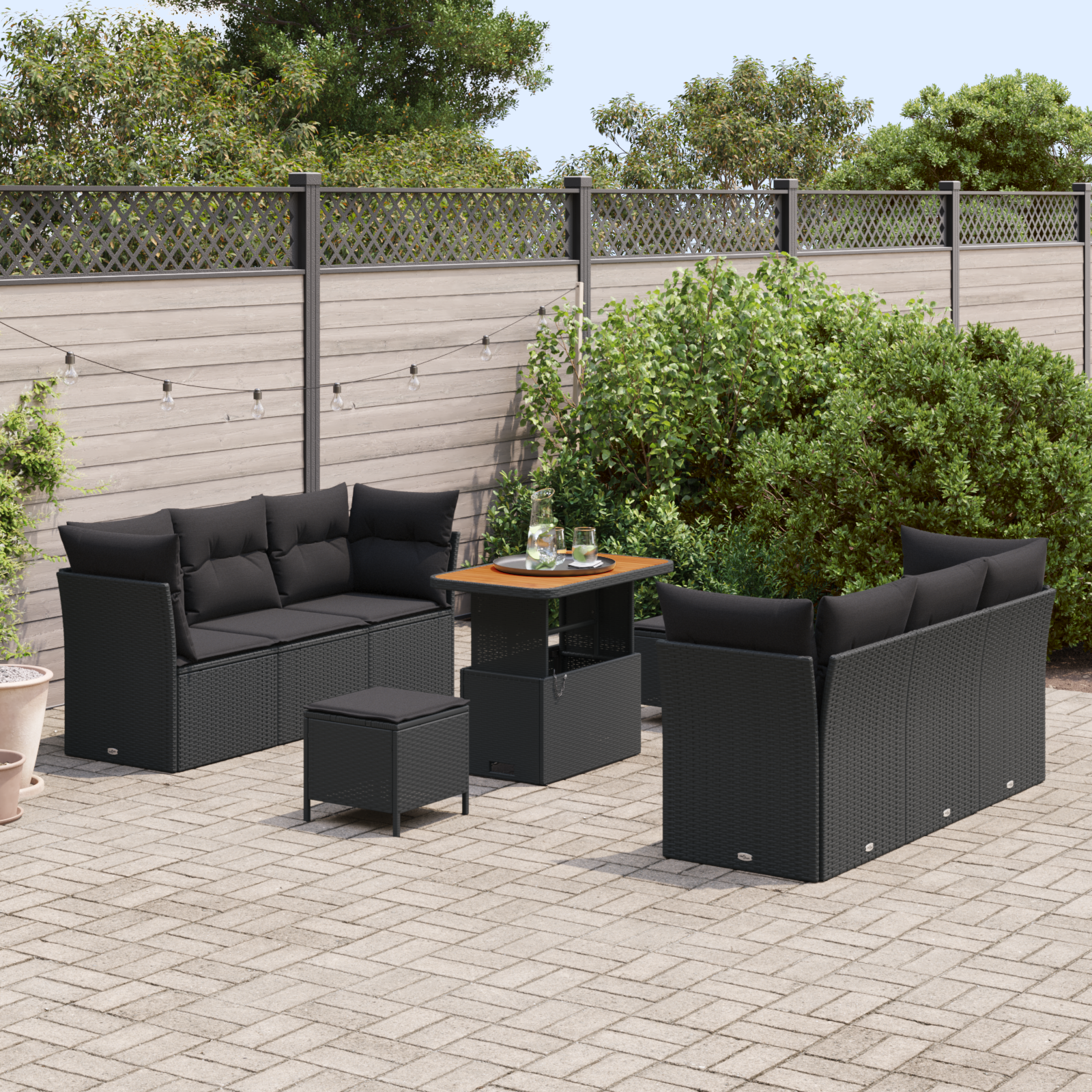 9 dalių sodo sofa komplektas su pagalvėmis juodas poliratanas akacijų