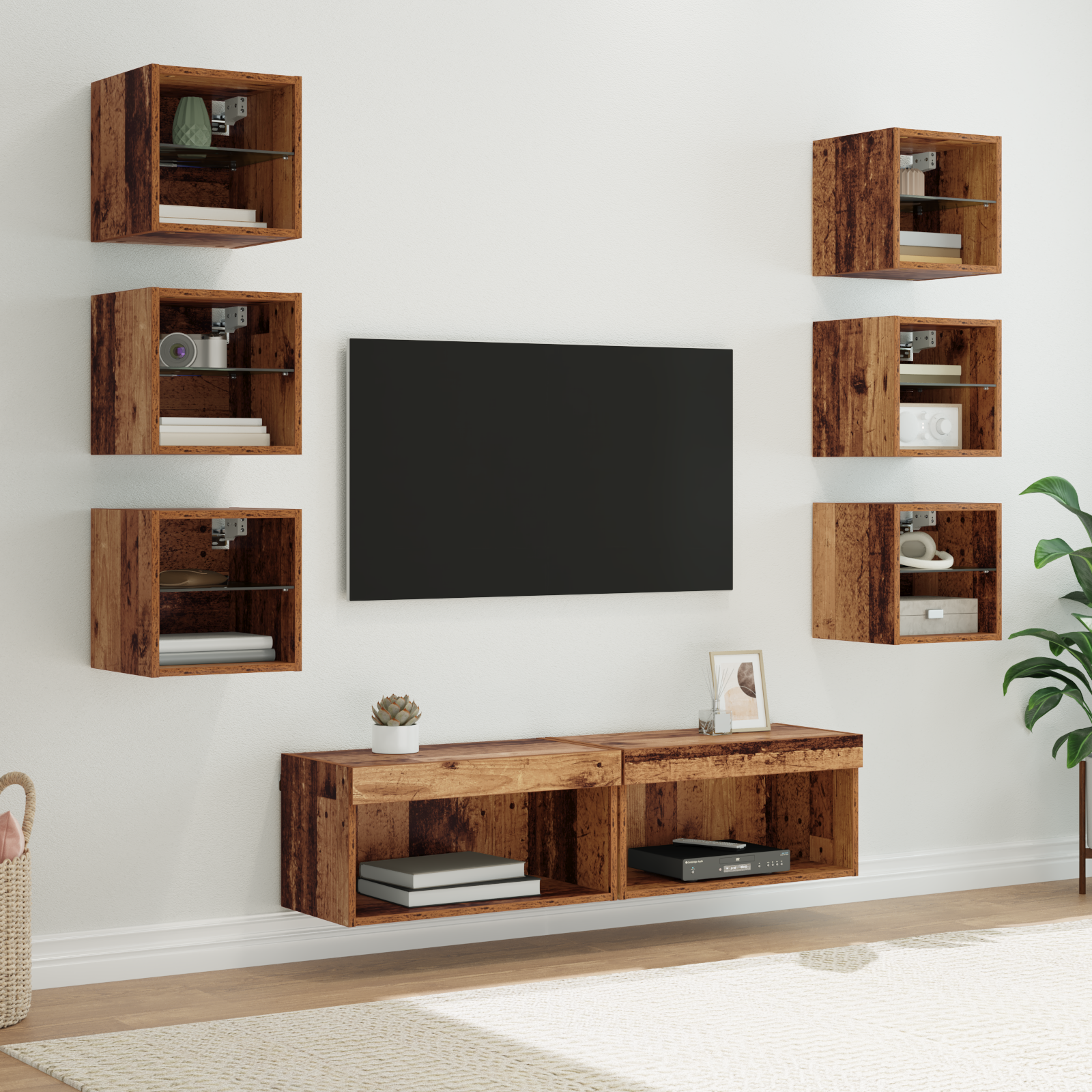 TV cabinet with 8 drawers Antique wood Glass