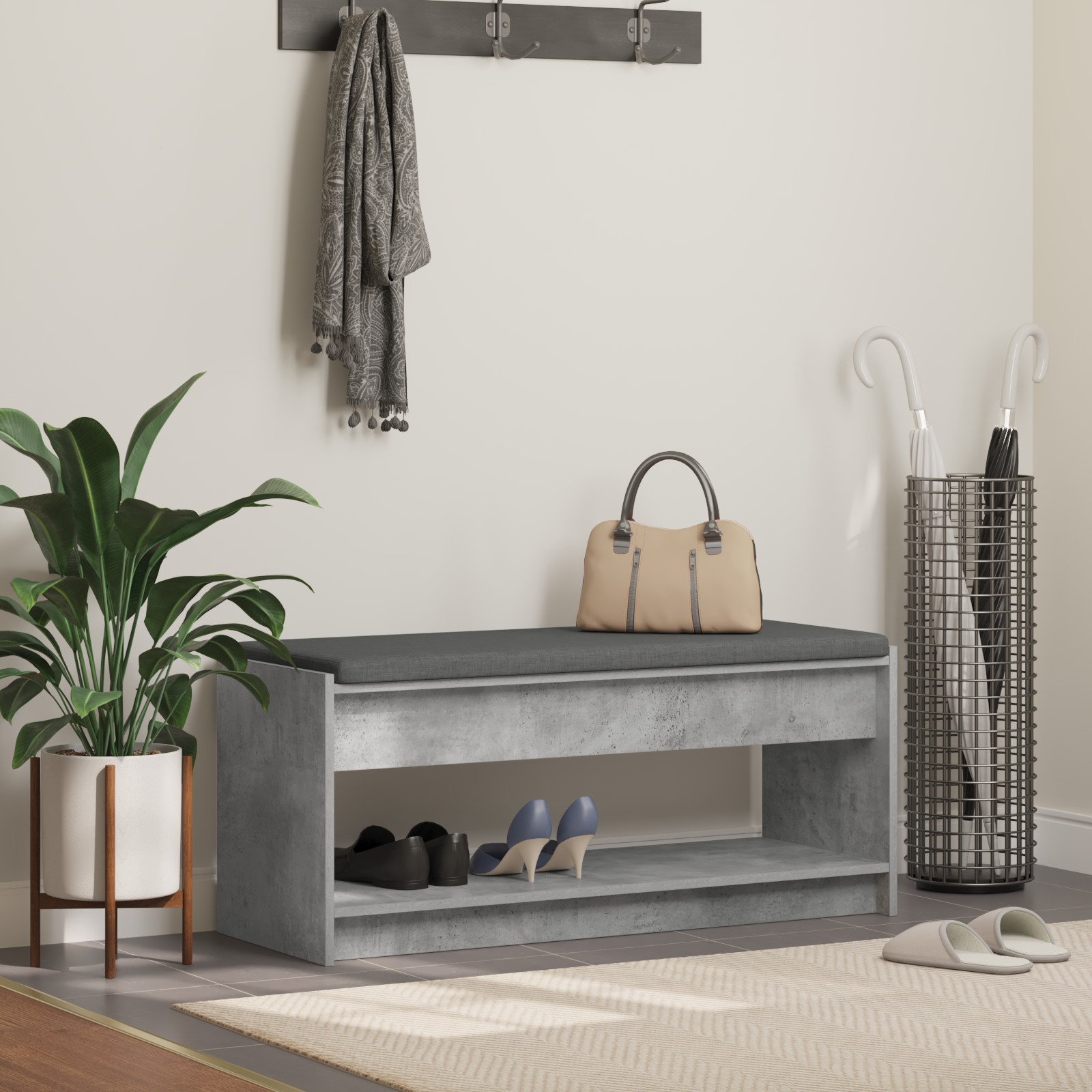 Koridoriaus suolas su pagalve Betono pilka 100 x 38 x 46 cm