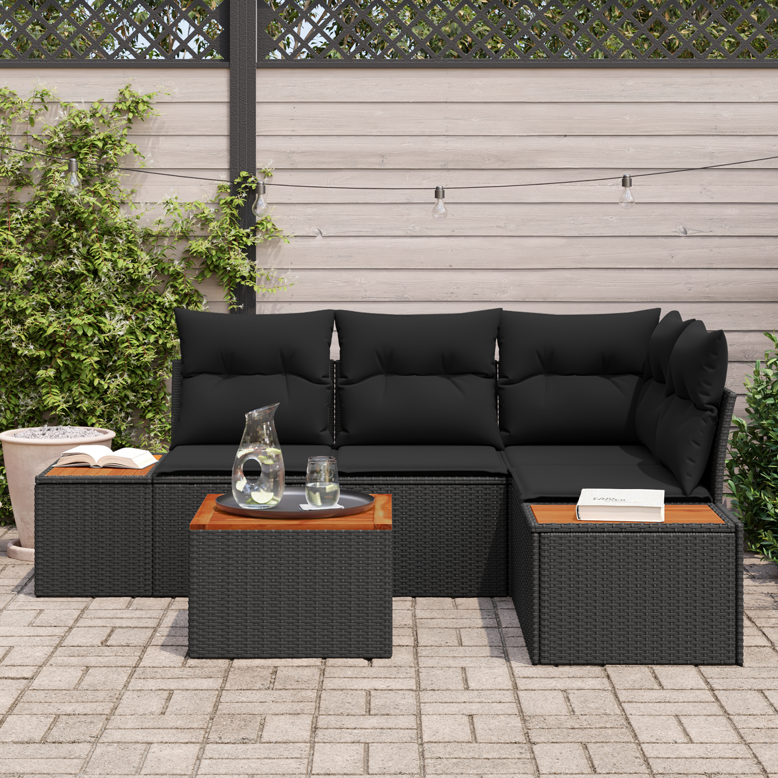 Sodo Sofų Rinkinys su pagalve 4 pcs Juoda Poliratanas