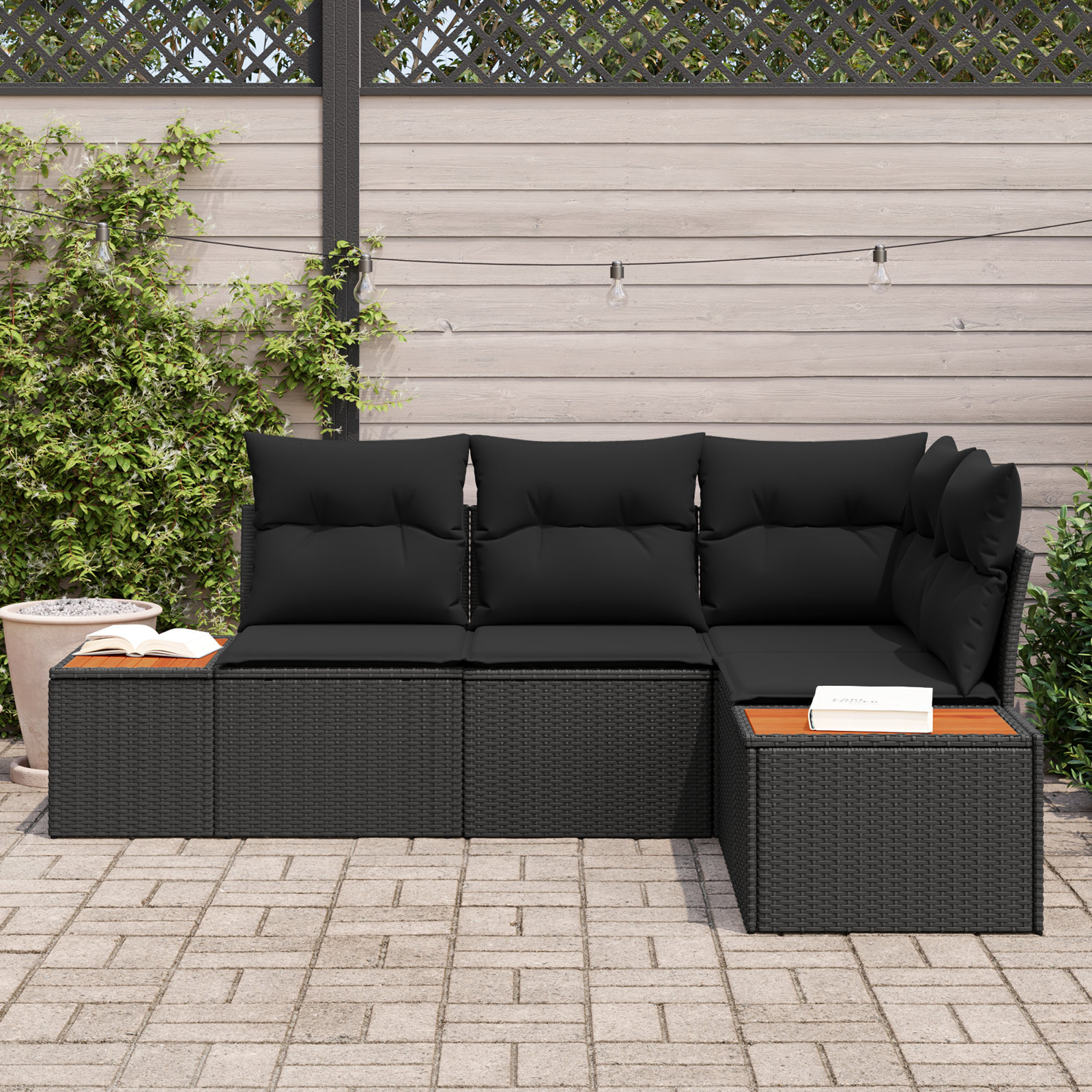 Sodo Sofų Rinkinys su pagalve 4 pcs Juoda Poliratanas