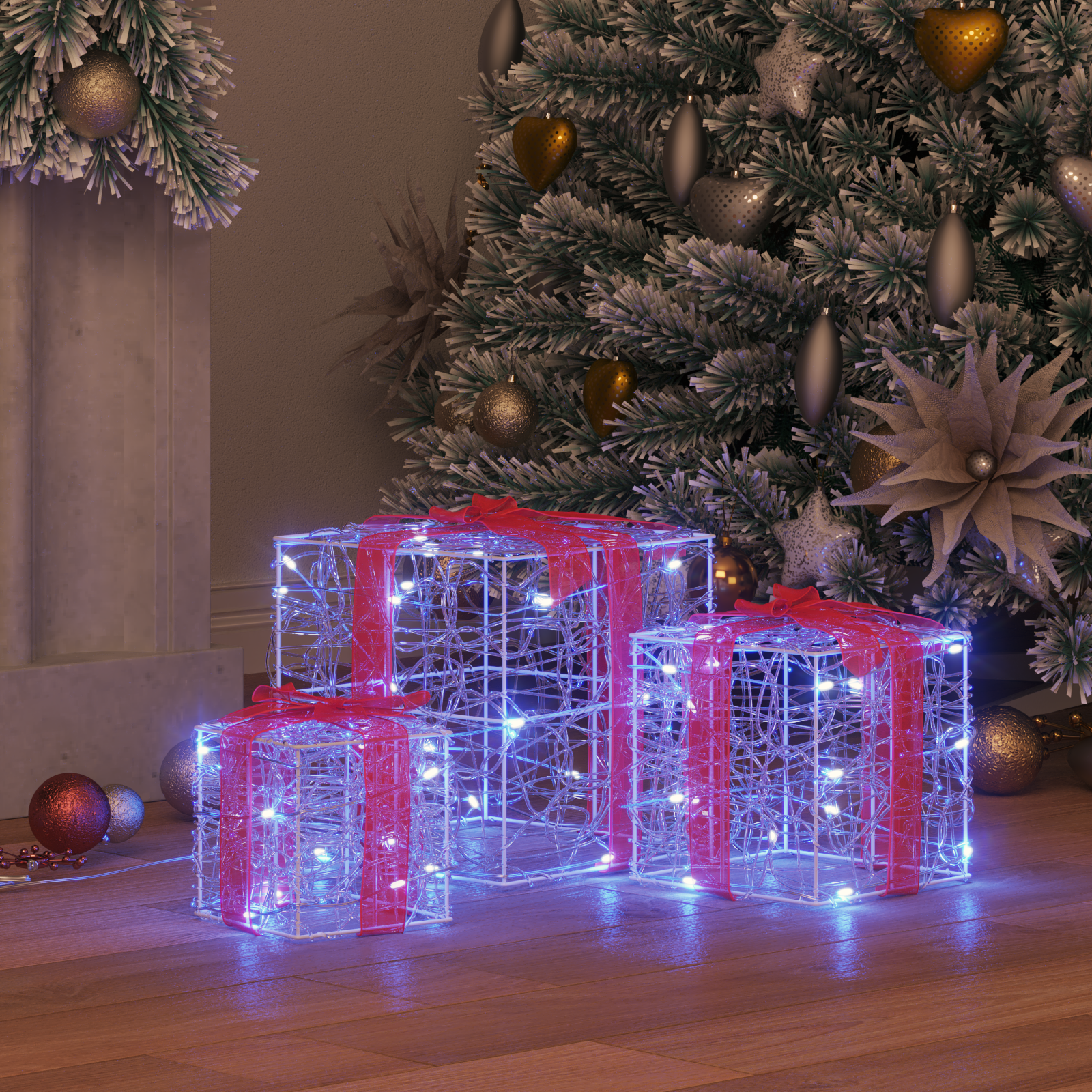 Dāvanu kaste ar 60 LED, 3 gab., zila, 20 x 20 x 20 cm, akrils