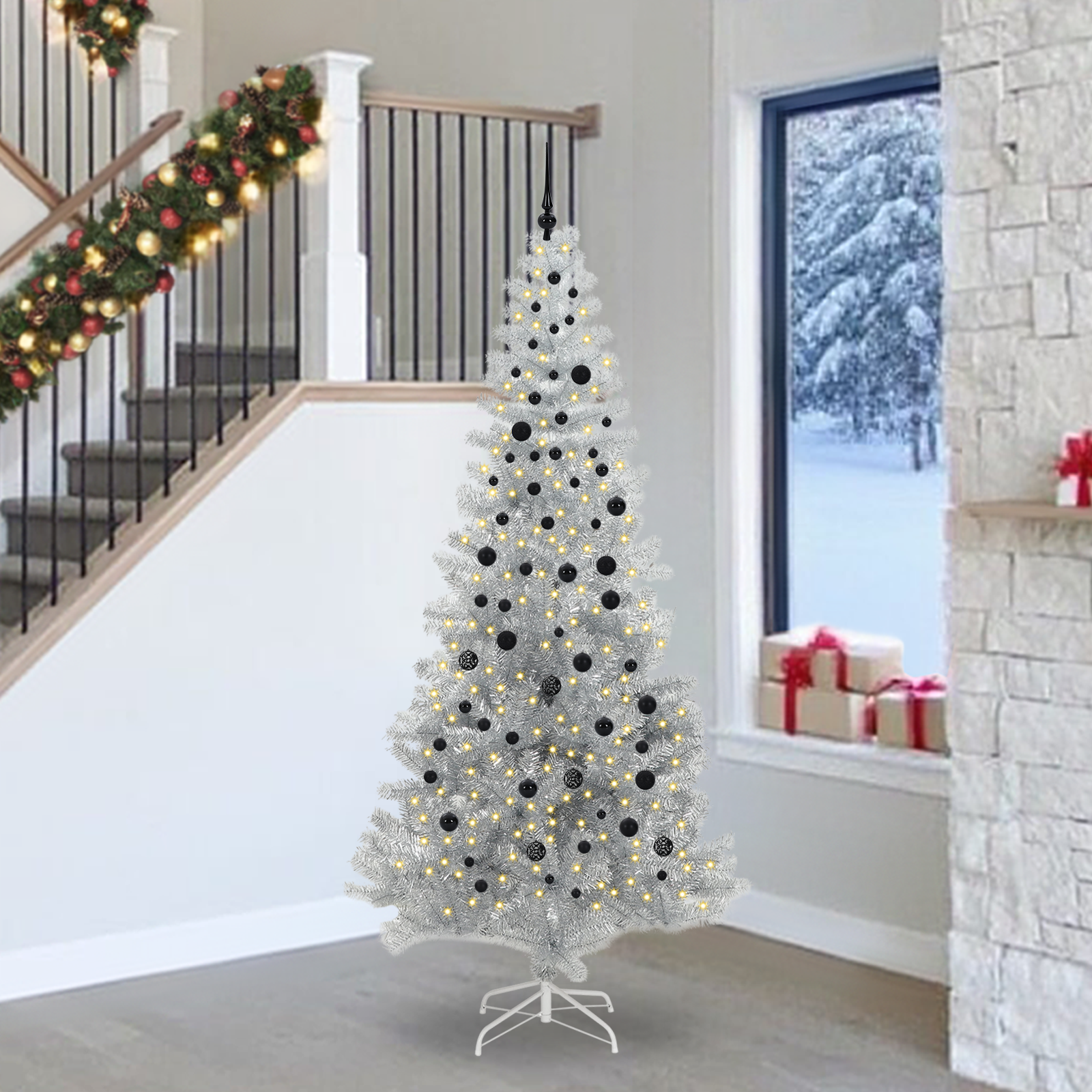 Ziemassvētku eglīte ar 300 gaismas diodēm, statīvu, sudraba, 240 cm, PET