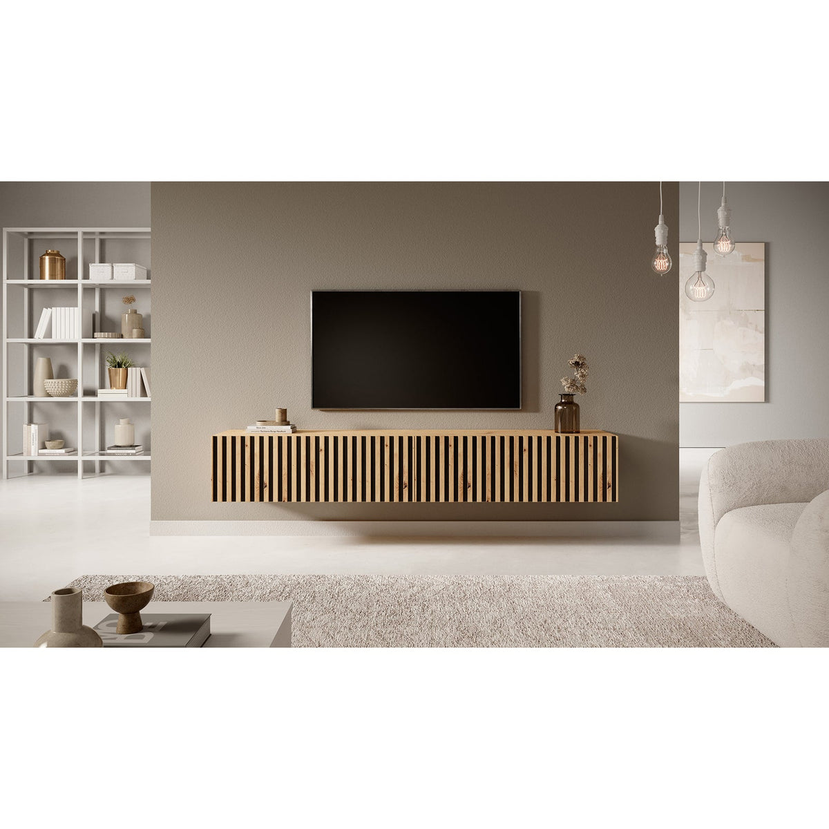 TV spintelė LORCAN, 175 cm, ąžuolas+juoda