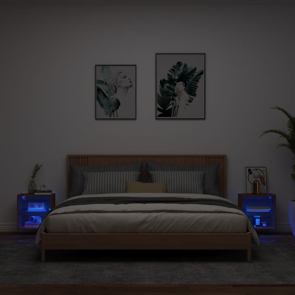 Sieninės naktinės spintelės su LED, 2vnt., rudos ąžuolo