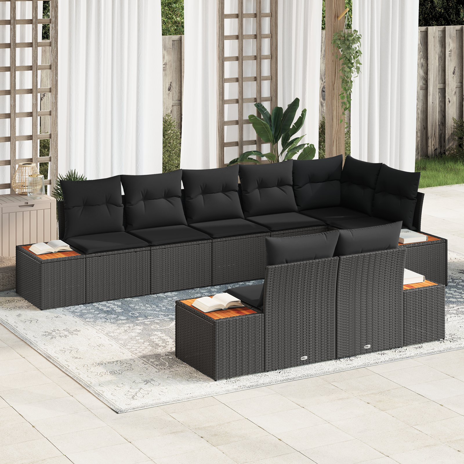 Sodo Sofų Rinkinys su pagalve 8 pcs Juoda Poliratanas