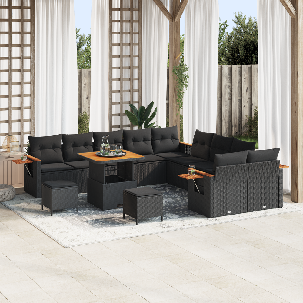 13-Piece Garden Sofa Set with Cushions Black Poly Rattan Acacia