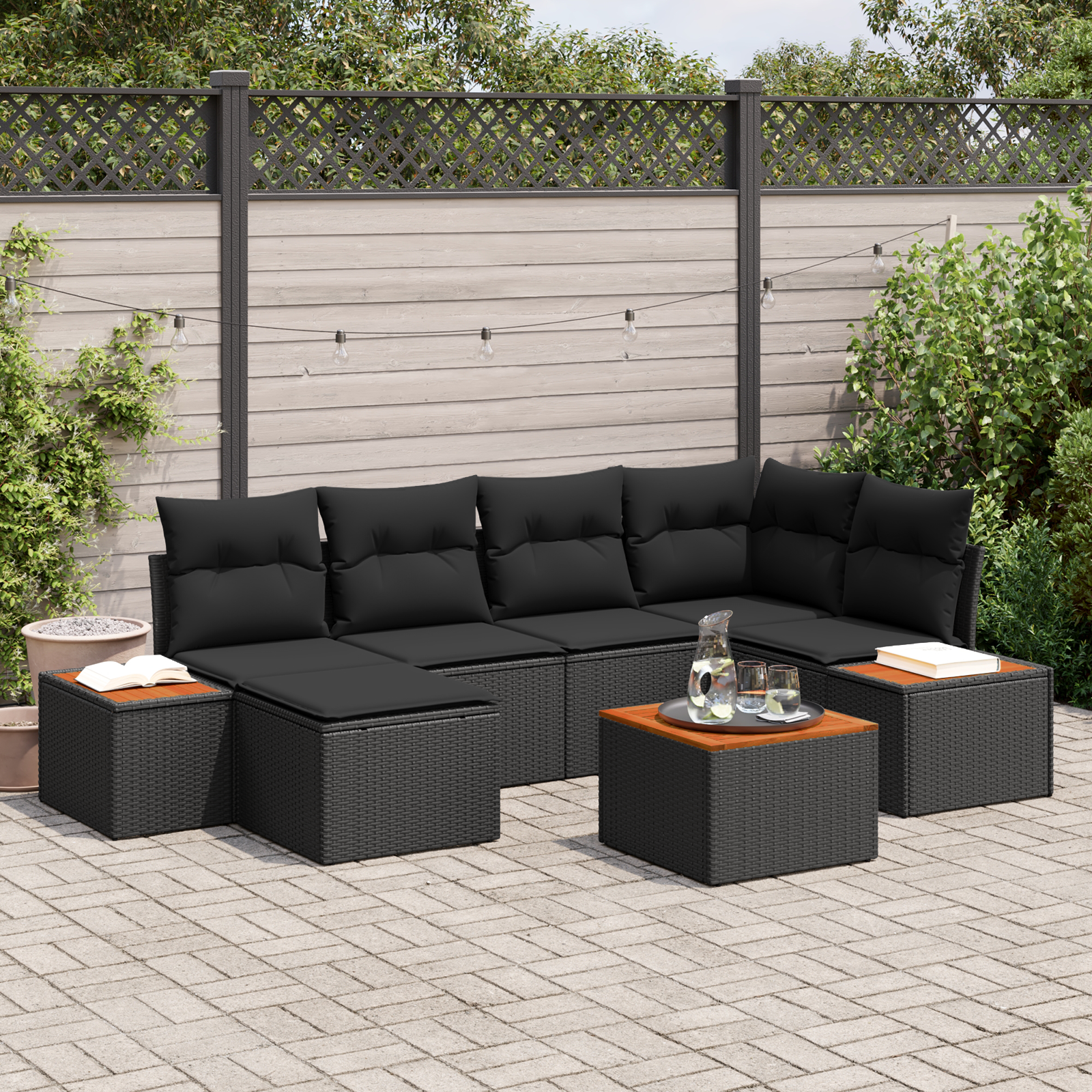 7 dalių sodo sofa komplektas su pagalvėmis juodas poliratanas akacija