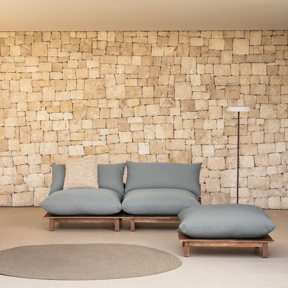 Lauko modulinė sofa ALBA su pufu, pilka