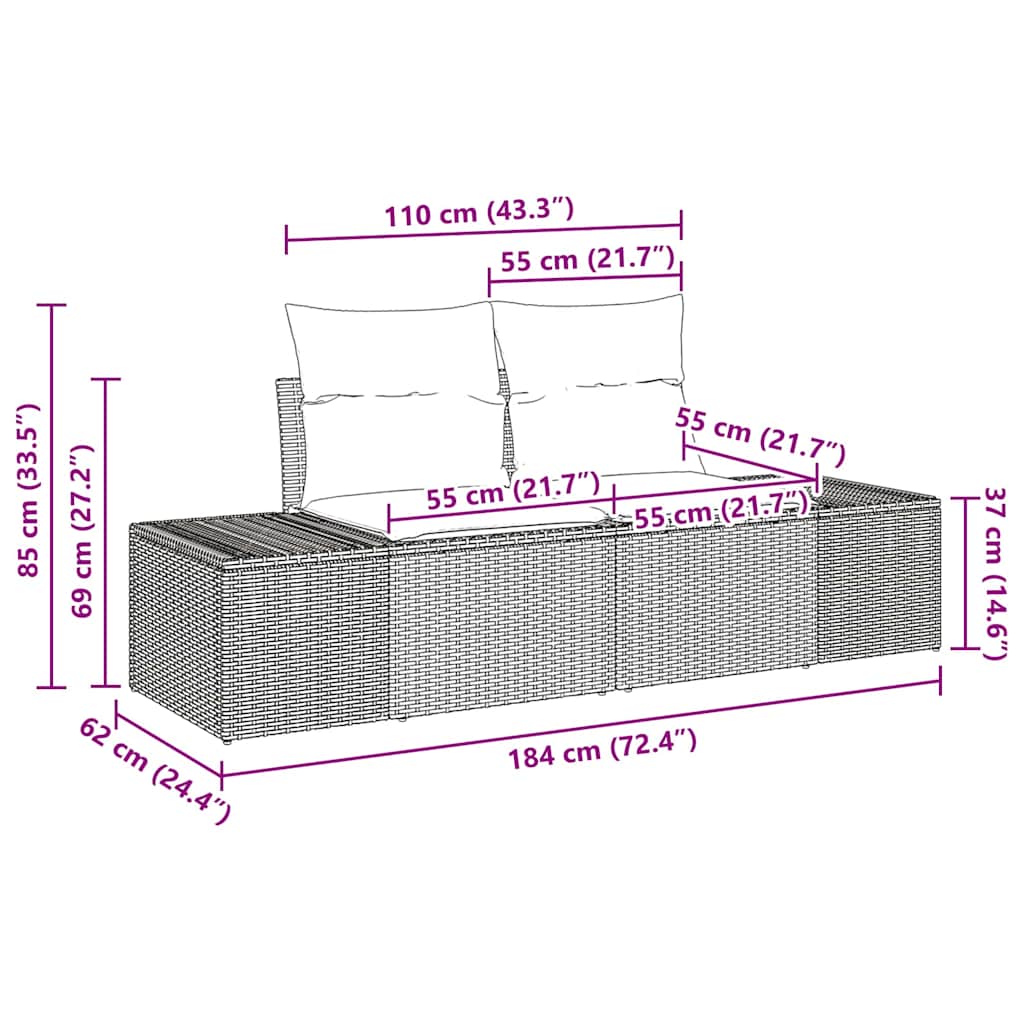 2 vietų sodo sofa su pagalvėlėmis Juoda Poli Ratanas - Namų Idėja